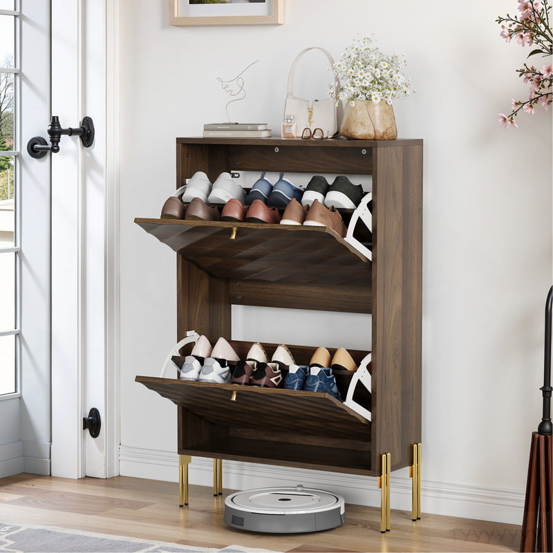 George Oliver 23.6 Inch Walnut Shoe Cabinet, Mid-Century Modern